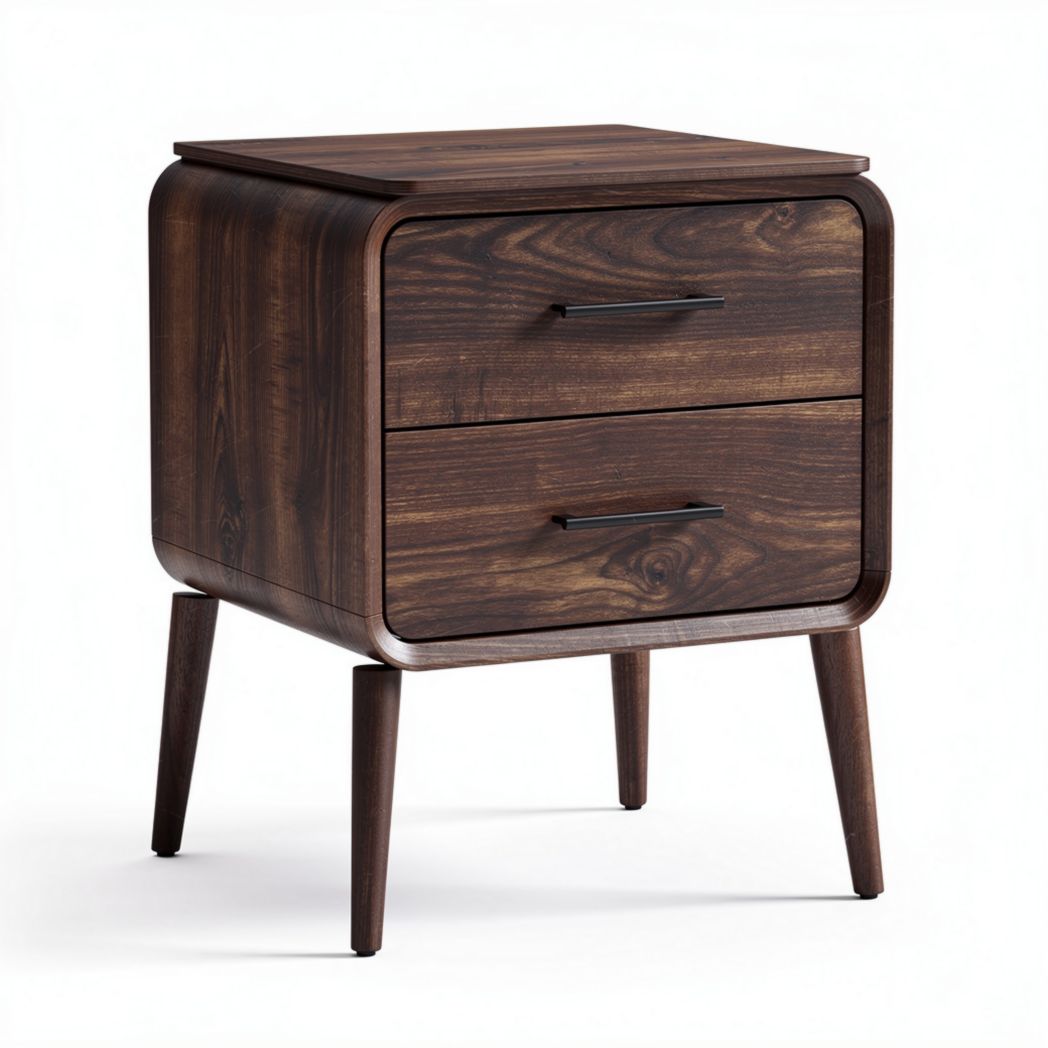 Modern wooden nightstand with two drawers and tapered legs in walnut finish 50 x 40 x 60cm