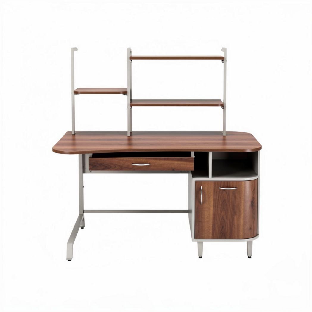 Wooden desk with metal frame and storage shelves 150 x 70 x 75cm