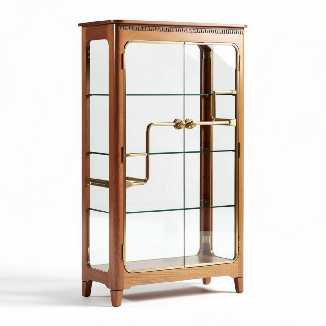 Glass display cabinet with wooden frame and brass accents 80 x 40 x 150cm