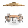 Steel frame patio dining set with four chairs and umbrella in tan 150 x 150 x 250cm