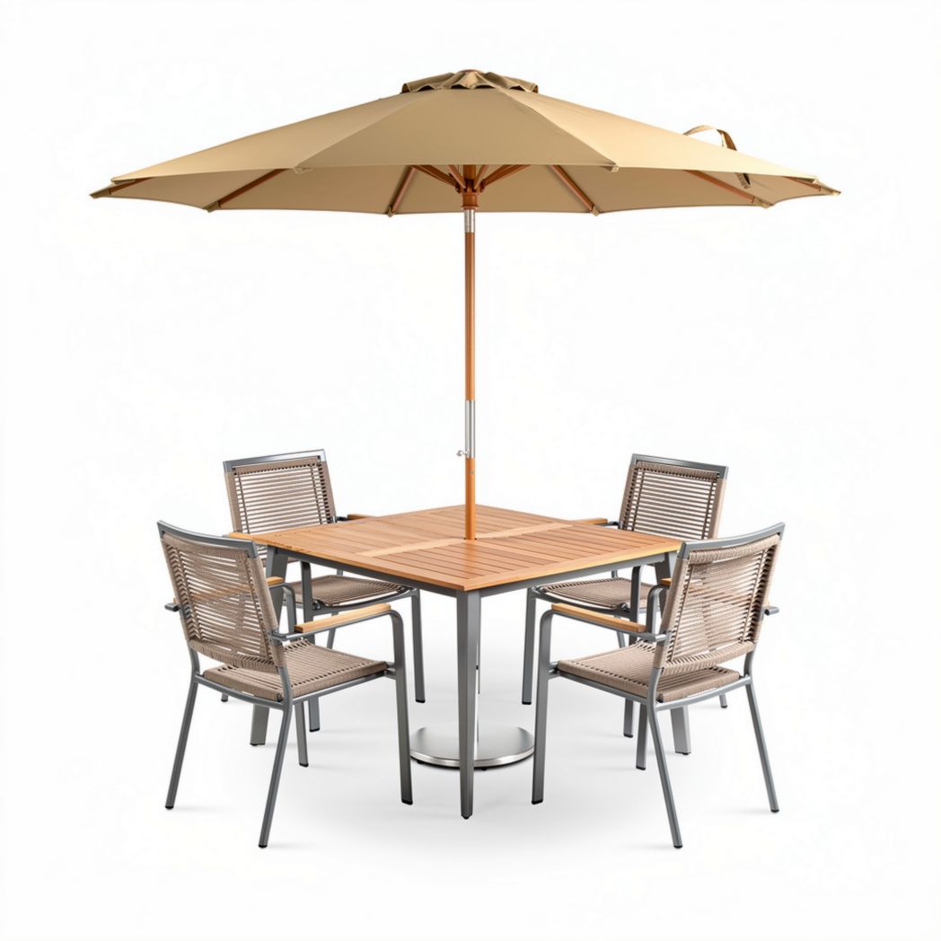 Steel frame patio dining set with four chairs and umbrella in tan 150 x 150 x 250cm