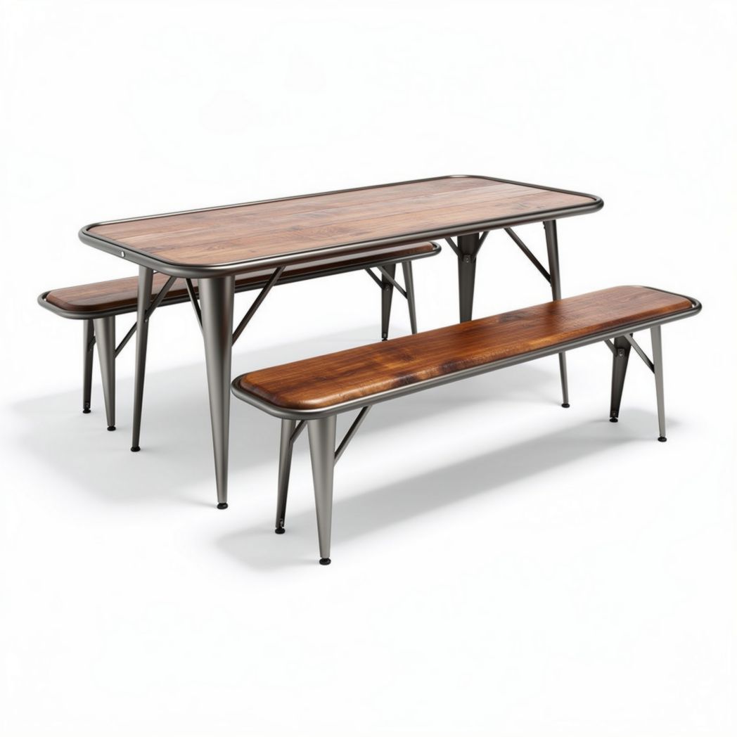 Wooden dining table set with metal legs suitable for indoor or outdoor use 150 x 75 x 75cm