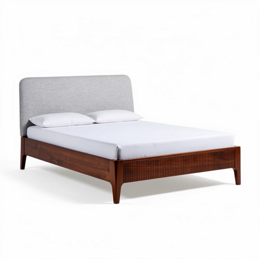 Wooden bed frame with upholstered headboard in natural finish 200 x 160 x 30cm