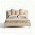 Upholstered bed frame with curved headboard in beige fabric 200 x 160 x 100cm