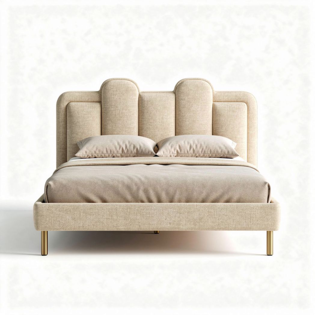 Upholstered bed frame with curved headboard in beige fabric 200 x 160 x 100cm