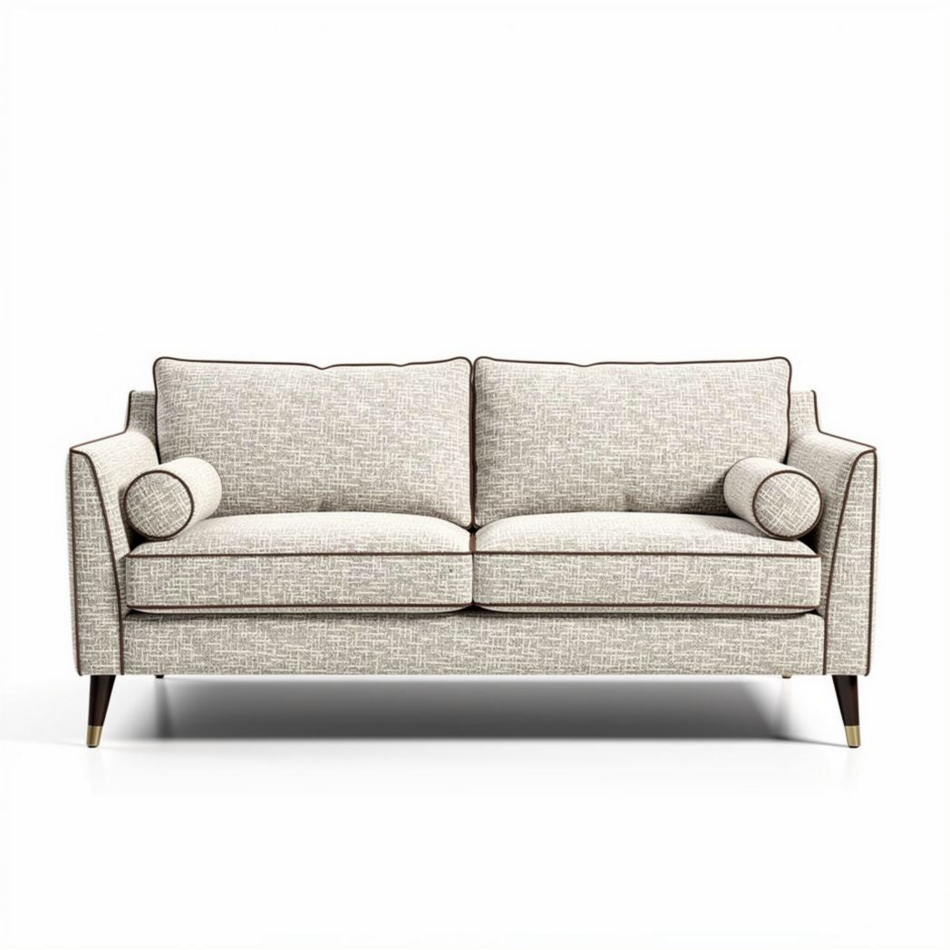 Two-seater sofa in beige fabric with round bolster pillows 180 x 85 x 80cm
