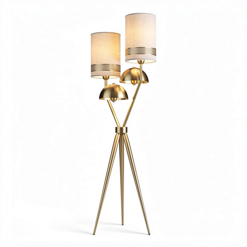 Gold tripod floor lamp with dual fabric shades and modern design 80 x 30 x 30cm