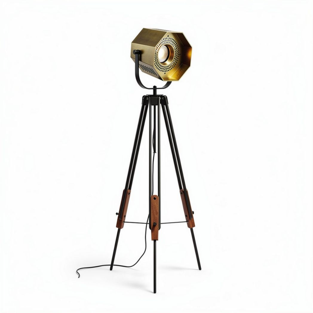 Tripod floor lamp with brass shade and wooden accents 70 x 40 x 150cm
