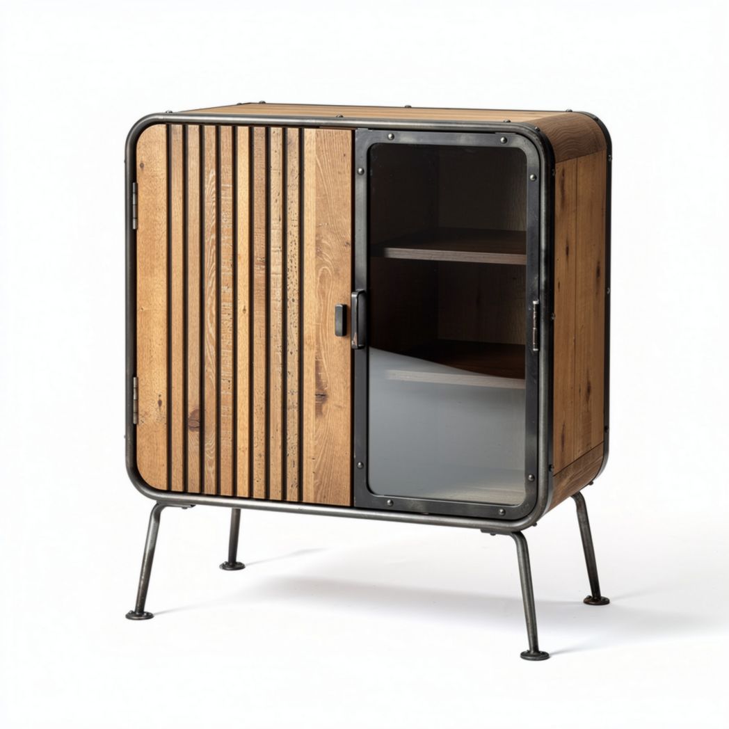 Wooden cabinet with metal frame and glass doors 80 x 40 x 80cm